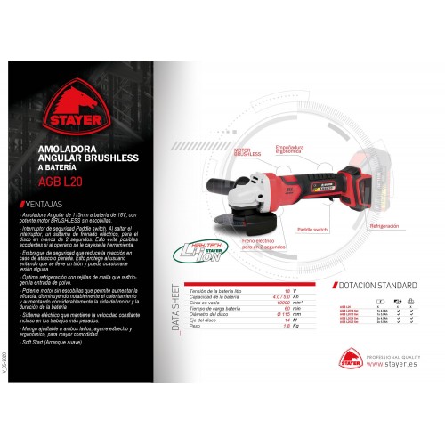 Amoladora angular PROFESIONAL Ø115mm a batería AGB L2024 BRUSHLESS SET
