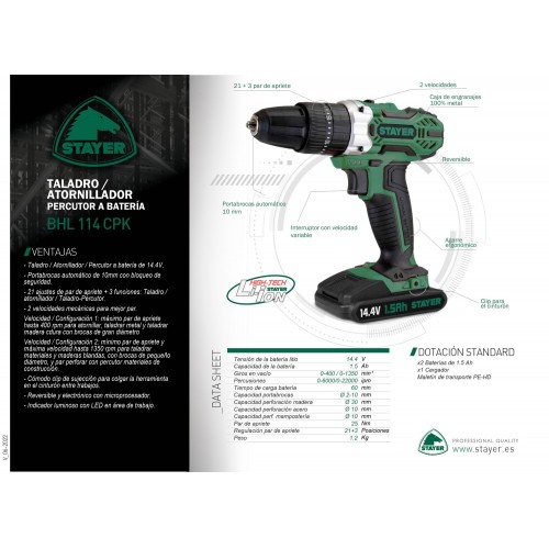 Taladro Atornillador Percutor 14.4V., BHL 114 CPK