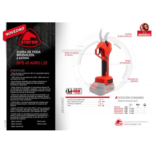 Tijera de Poda a batería 18V, BPB40 AGRO L20 BRUSHLESS