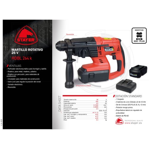 Martillo Rotativo PROFESIONAL a batería, HDBL 264 K