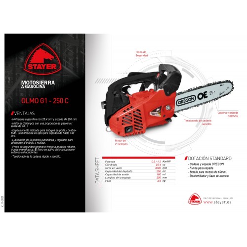 Motosierra profesional 0.9 / 1.2 Kw/HP. OLMO G1 - 250 C
