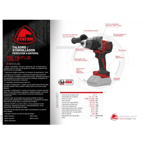Taladro / Atornillador / Percutor 18V. Con motor BRUSHLESS. PBL 150 P - L2022
