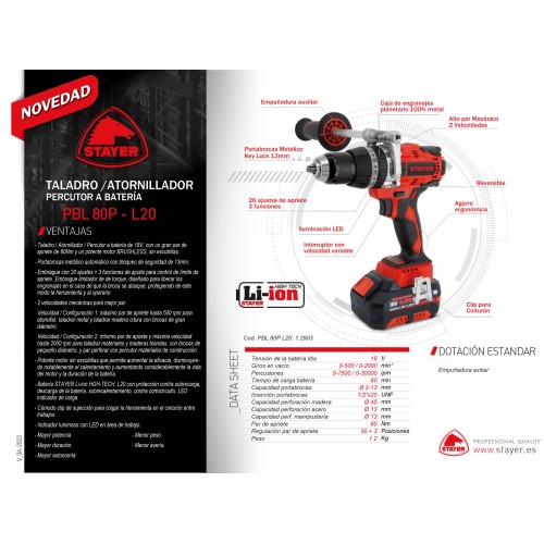 Taladro / Percutor / Atornillador 18V. Con motor BRUSHLESS. PBL 80 P - L20