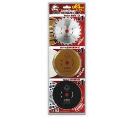 Set (Blister) de 3 Discos Ø 85 mm. (Diamante CRC, Widia TCT, Sierra HSS)