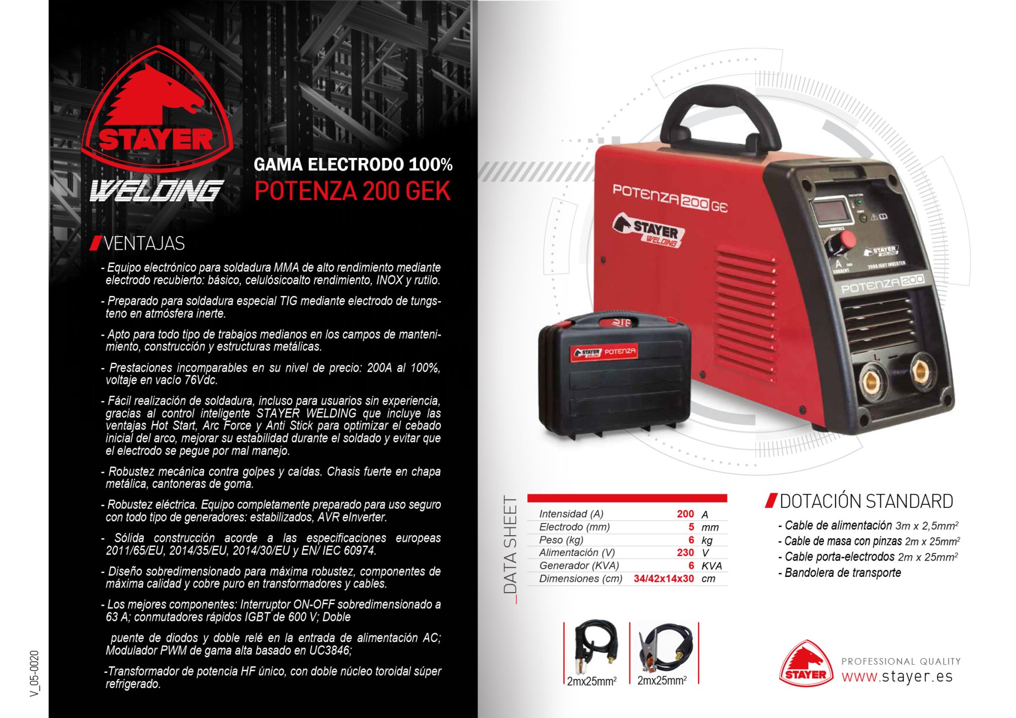 Equipo de soldadura Inverter Profesional MMA Electrodo POTENZA 200 K (incluye maletín)