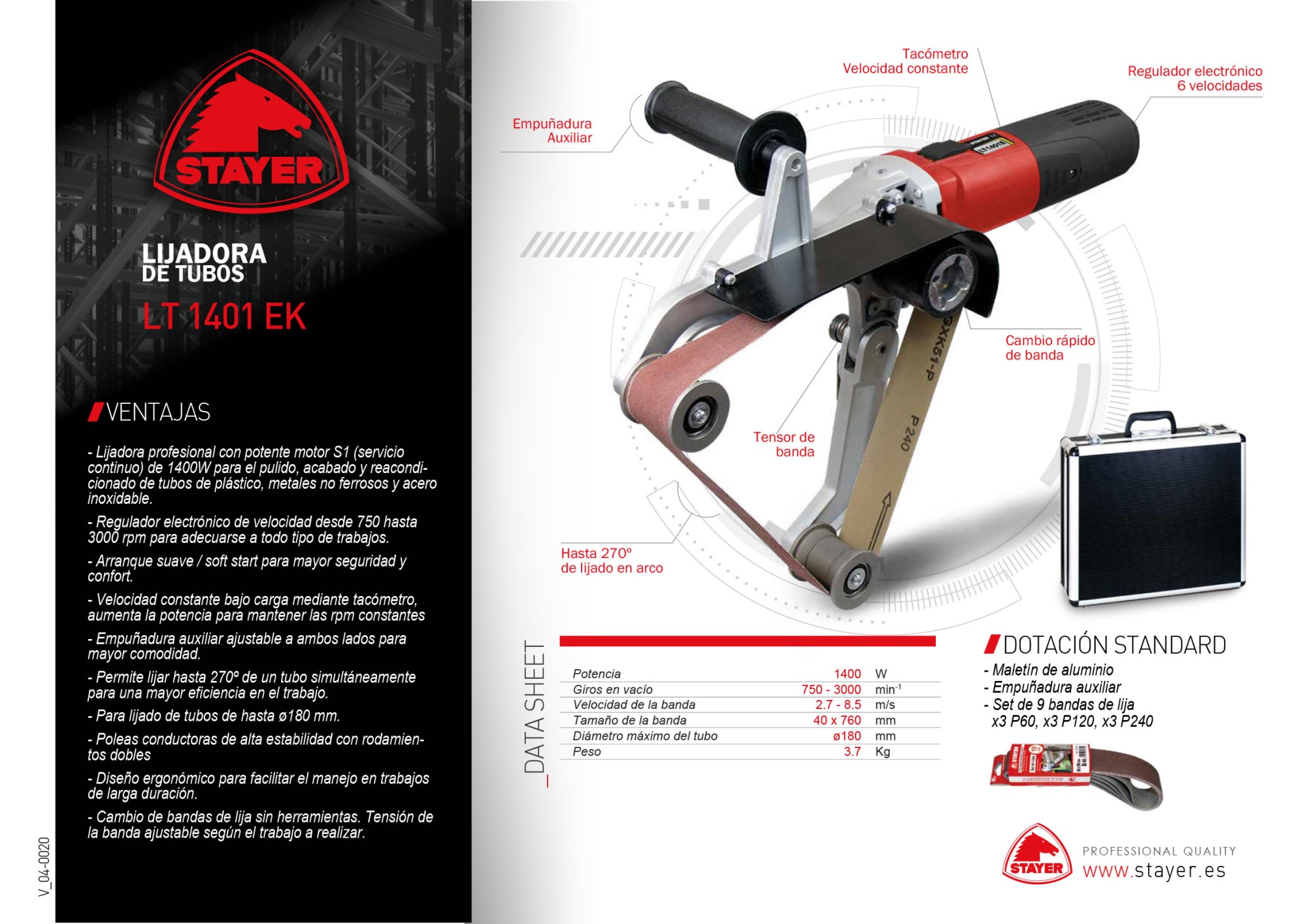 Lijadora de tubos PROFESIONAL con velocidad constante, LT 1401 EK