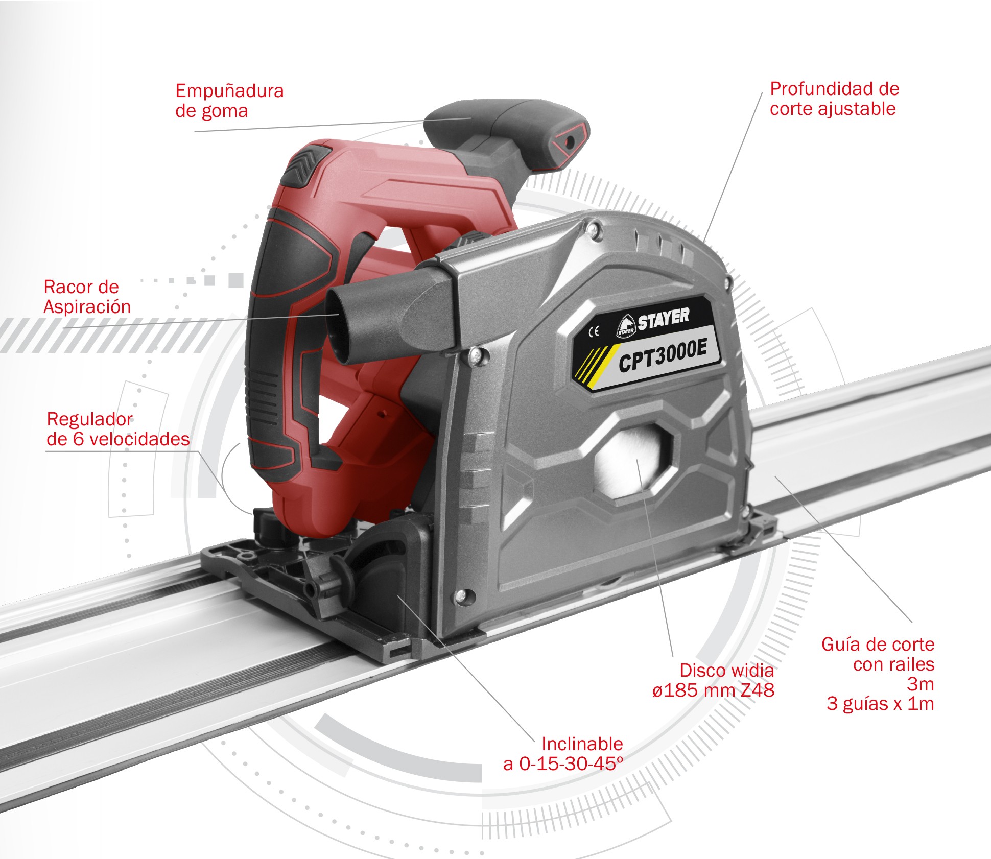 Sierra circular PROFESIONAL Ø185mm, con guía CPT 3000 E