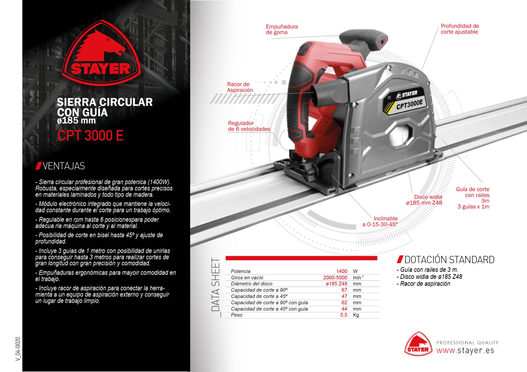 Sierra circular PROFESIONAL Ø185mm, con guía CPT 3000 E