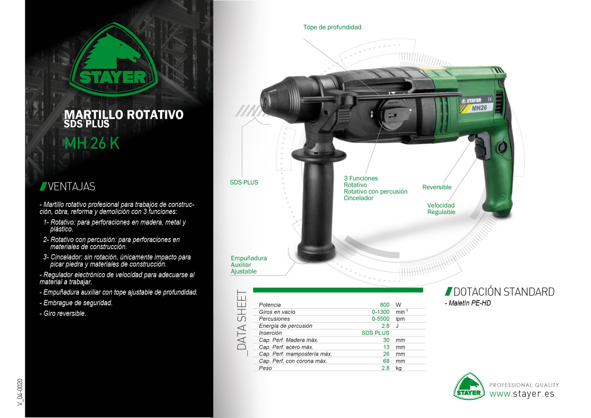 Martillo Rotativo SDS-PLUS, con 3 funciones, MH 26 K