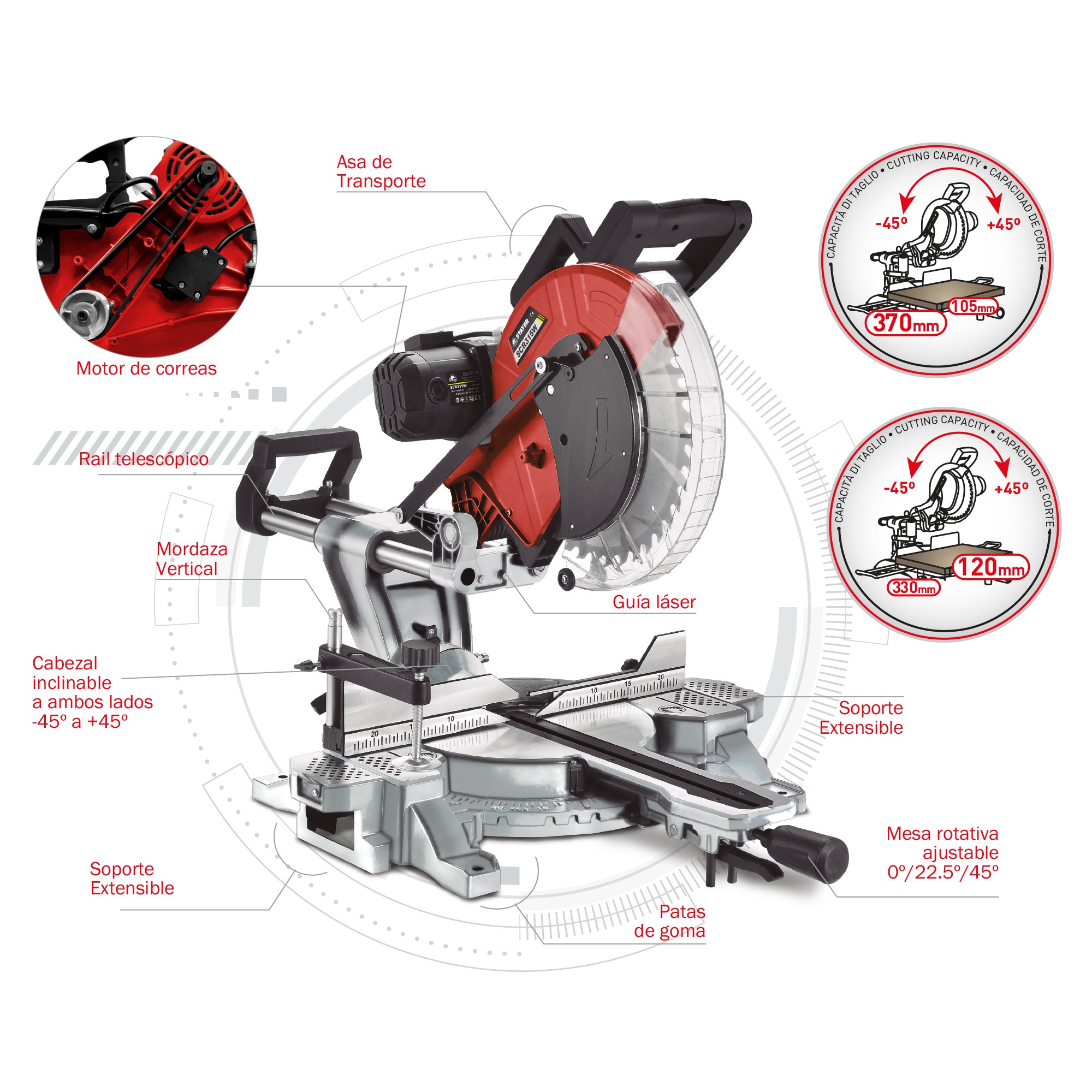 Ingletadora Telescópica PROFESIONAL de Ø315 mm con transmisión por correas (silenciosa) SCR 315 W