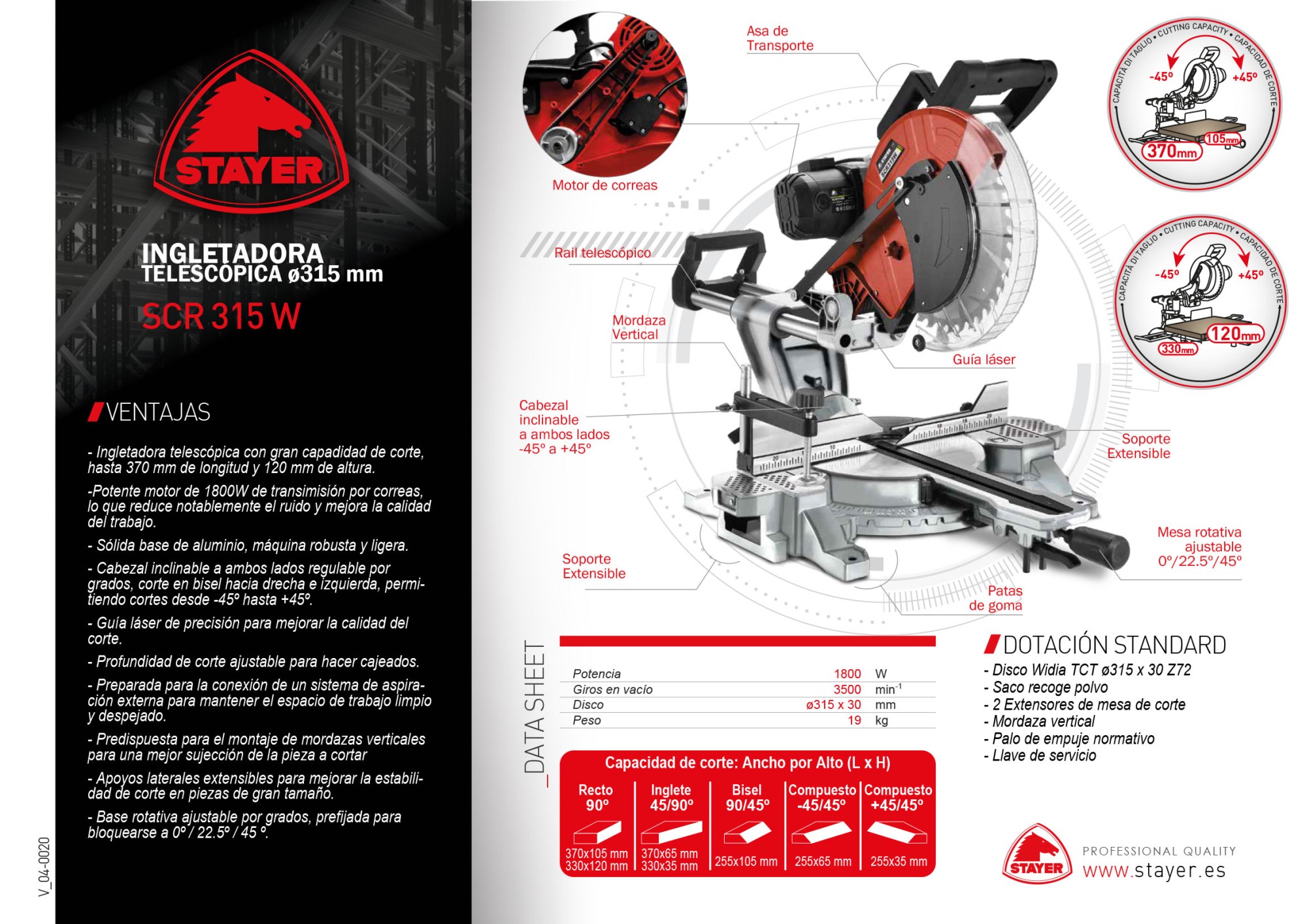 Ingletadora Telescópica PROFESIONAL de Ø315 mm con transmisión por correas (silenciosa) SCR 315 W