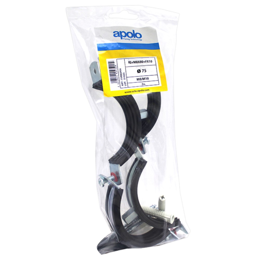 Bolsa abrazadera isofónica + Tornillo EDR M8x80 + Taco FX 10 tipo EDRN Ø 40 mm acero cincado