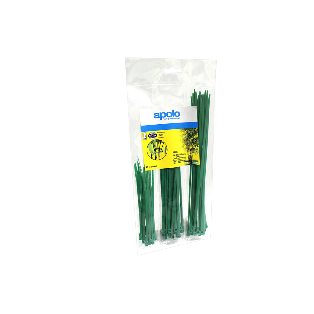 Bolsa surtido de bridas 2,5x100 mm, 3,6x140 mm, 3,6x200 mm Nylon Verde