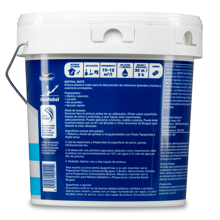 Pintura plástica de exterior - interior Blanco Mate Bruguer 15 L