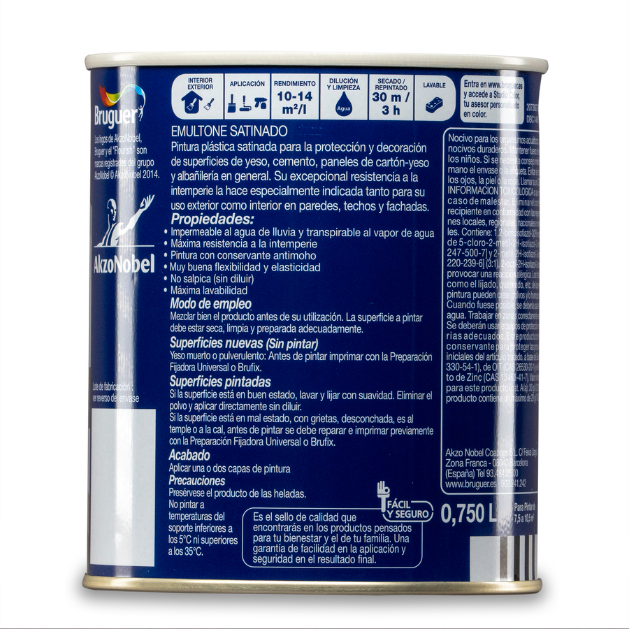 Pintura plástica de exterior - interior Blanco Satinado Bruguer 0,750L