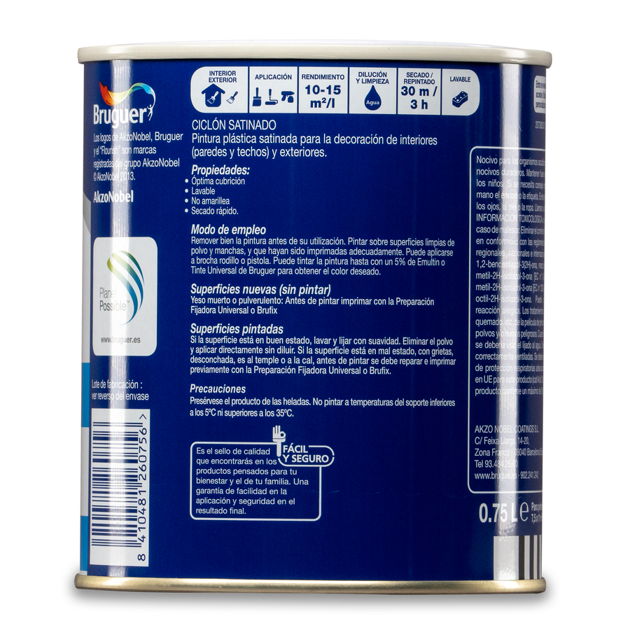 Pintura plástica de exterior - interior Blanco Satinado Bruguer 0,750L