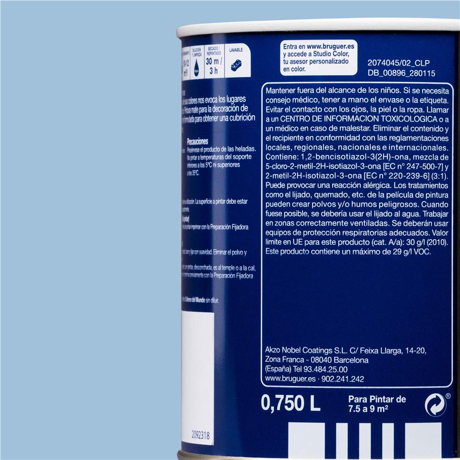 Pintura plástica de interior Mediterráneo Azul Natural Bruguer 0,750L