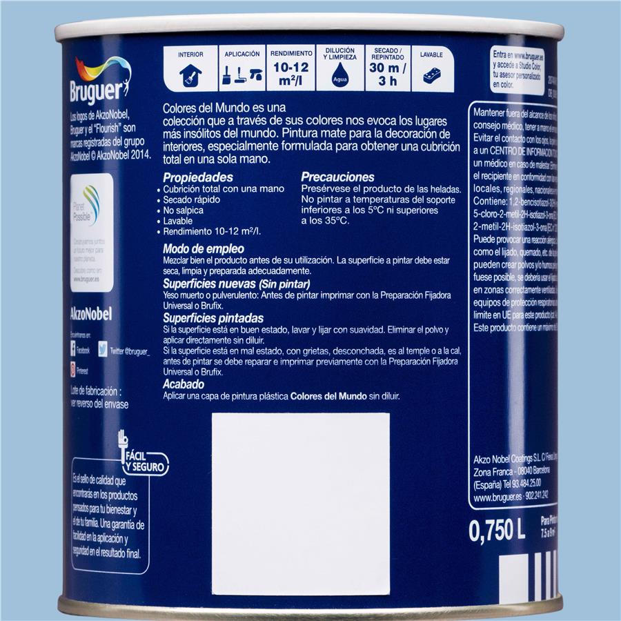 Pintura plástica de interior Mediterráneo Azul Natural Bruguer 0,750L