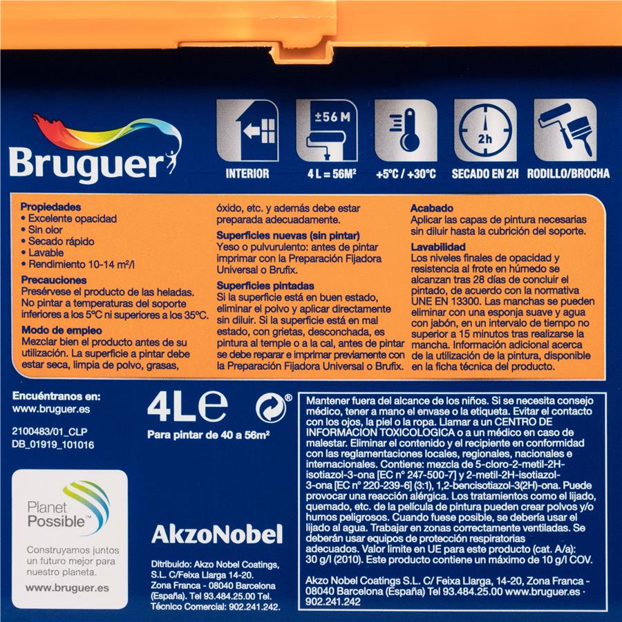 Pintura plástica para paredes y techos Ultra Resist Blanco Absoluto Bruguer 4L