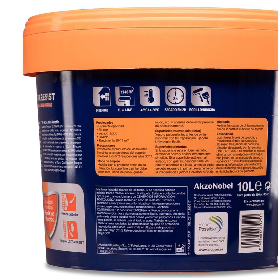 Pintura plástica para paredes y techos Ultra Resist Blanco Lienzo Bruguer 10L