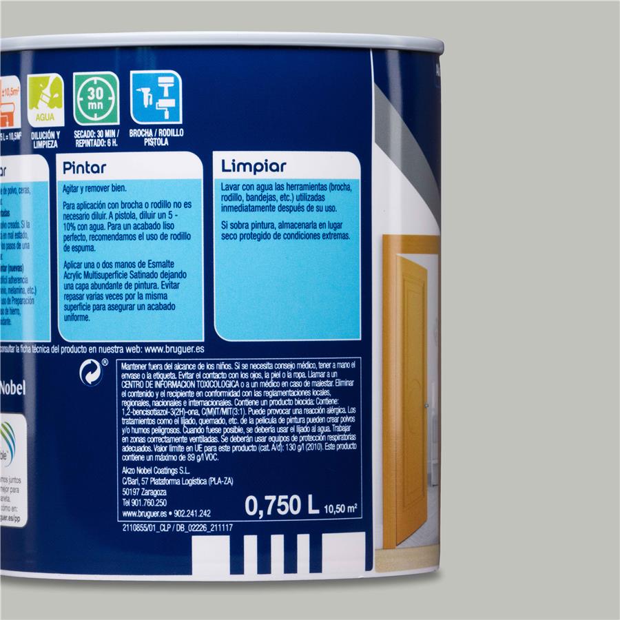 Esmalte Acryllic Multisuperficies Satinado Gris Suave 0,750L