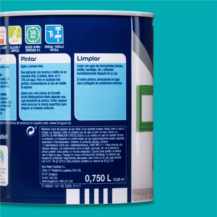 Esmalte Acryllic Multisuperficie Mate Verde Turquesa 0,750L