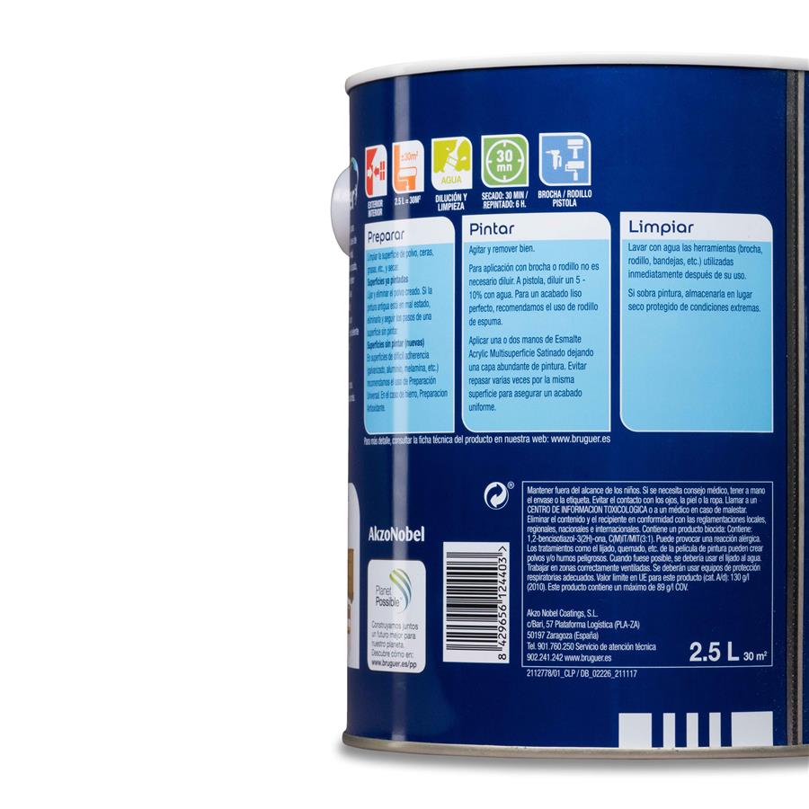 Esmalte Acryllic Multisuperficies Satinado Blanco Permanente 2,5L