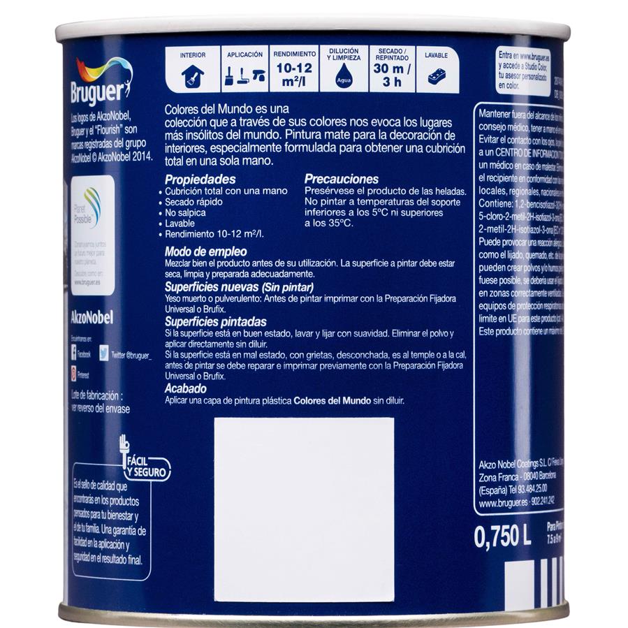 Pintura plástica de interior Alaska Blanco Extra Mate Bruguer 0,750L