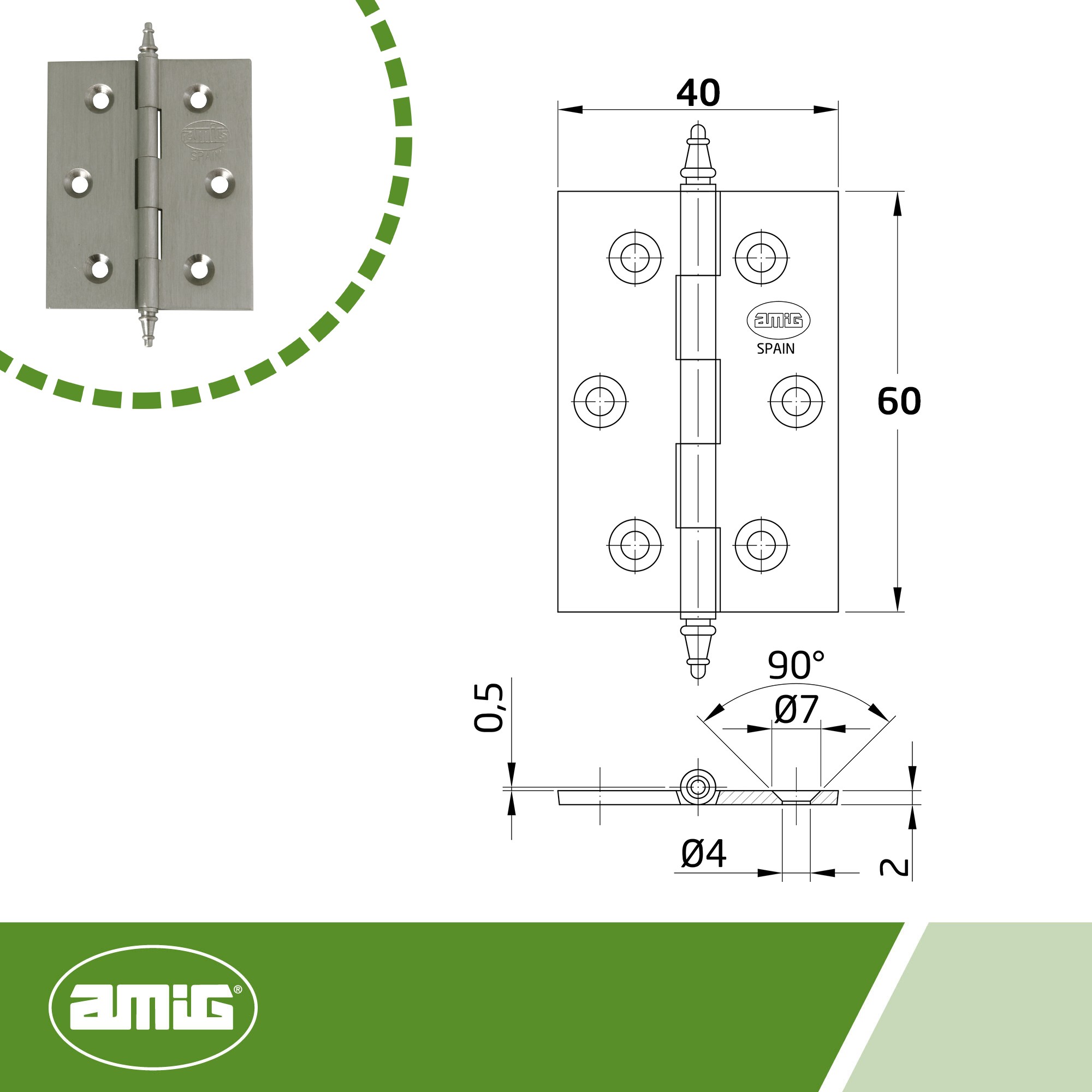 AMIG 7266 | Bisagra  1003 | 60 x 40 x 2 mm | Latón | Cromado mate