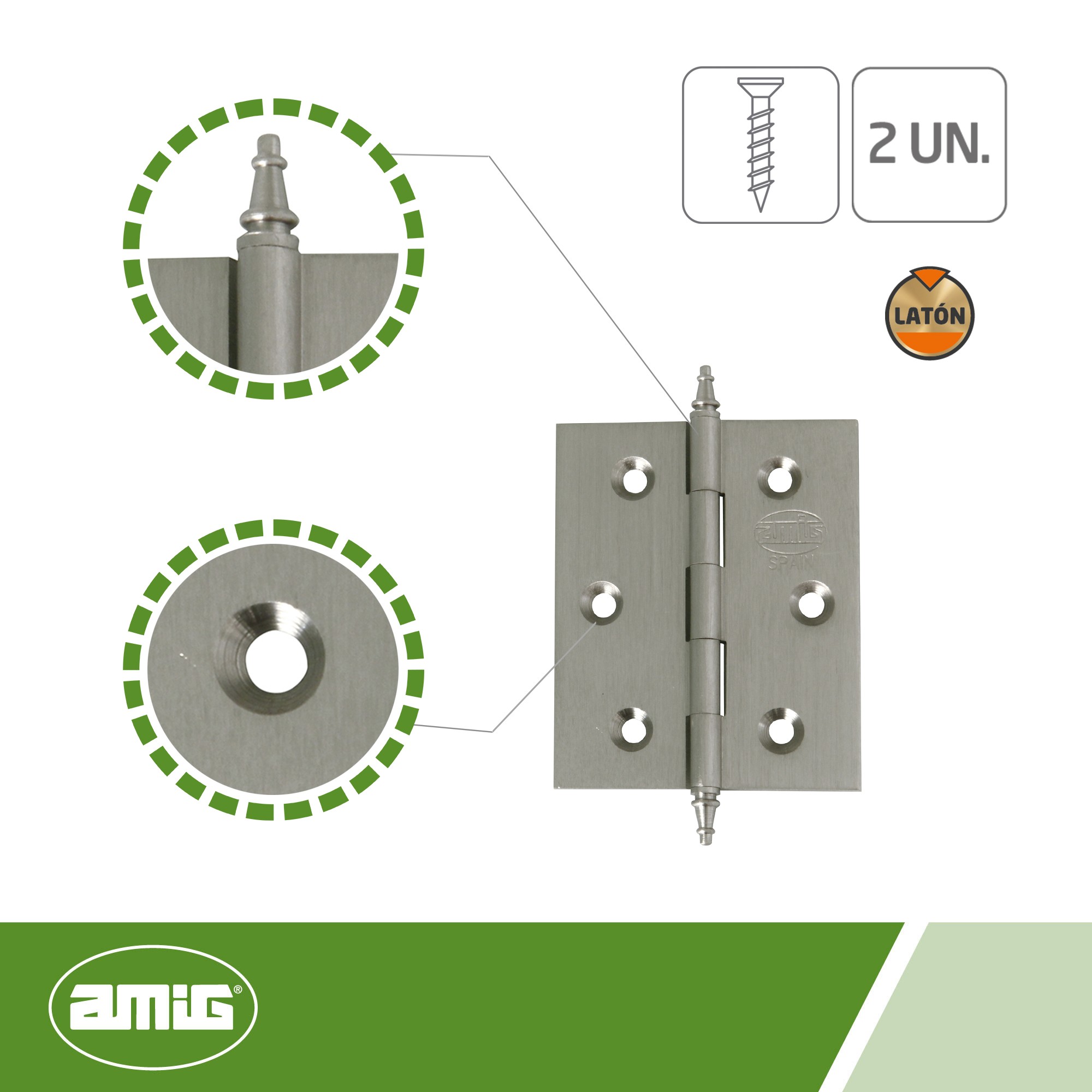 AMIG 7266 | Bisagra  1003 | 60 x 40 x 2 mm | Latón | Cromado mate