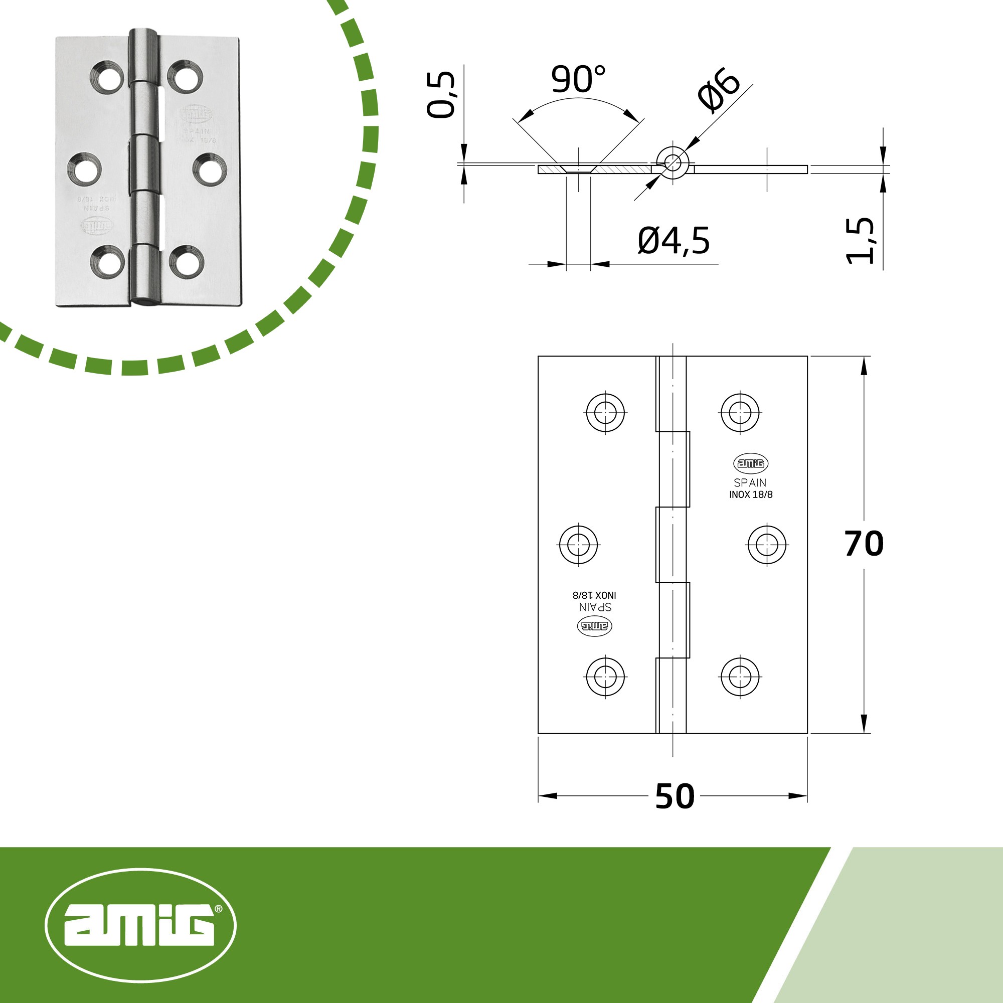 AMIG 8745 | Bisagra  2002 | 70 x 50 x 1,5 mm | Acero inoxidable 18/8 | Mate