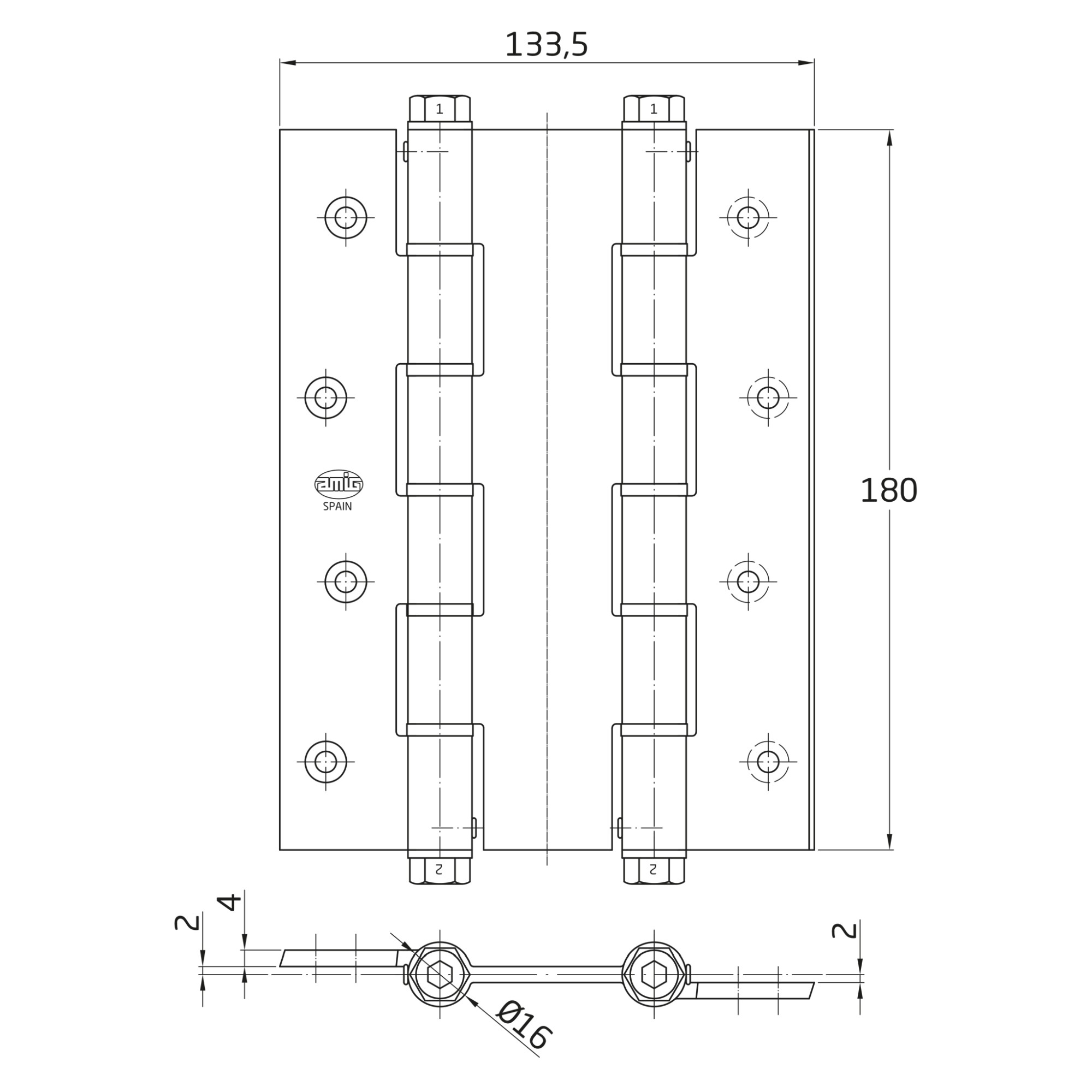 AMIG 2929 | Bisagra doble acción  3035 | 180 x 133 x 4 mm | Aluminio | Plata