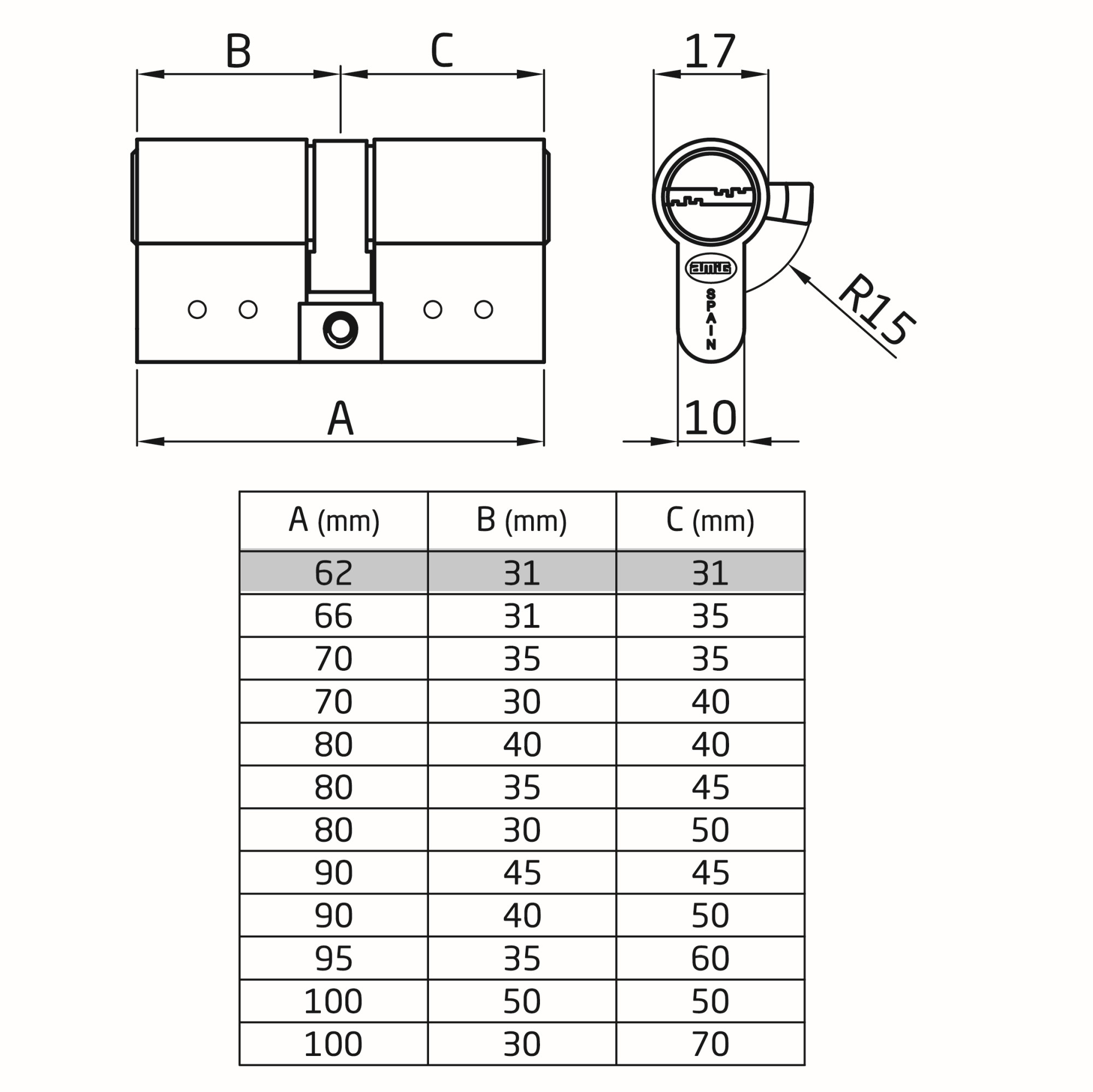 AMIG 21544 | Cilindro  10000 | 62 (31-31) | Latón | Cromado mate