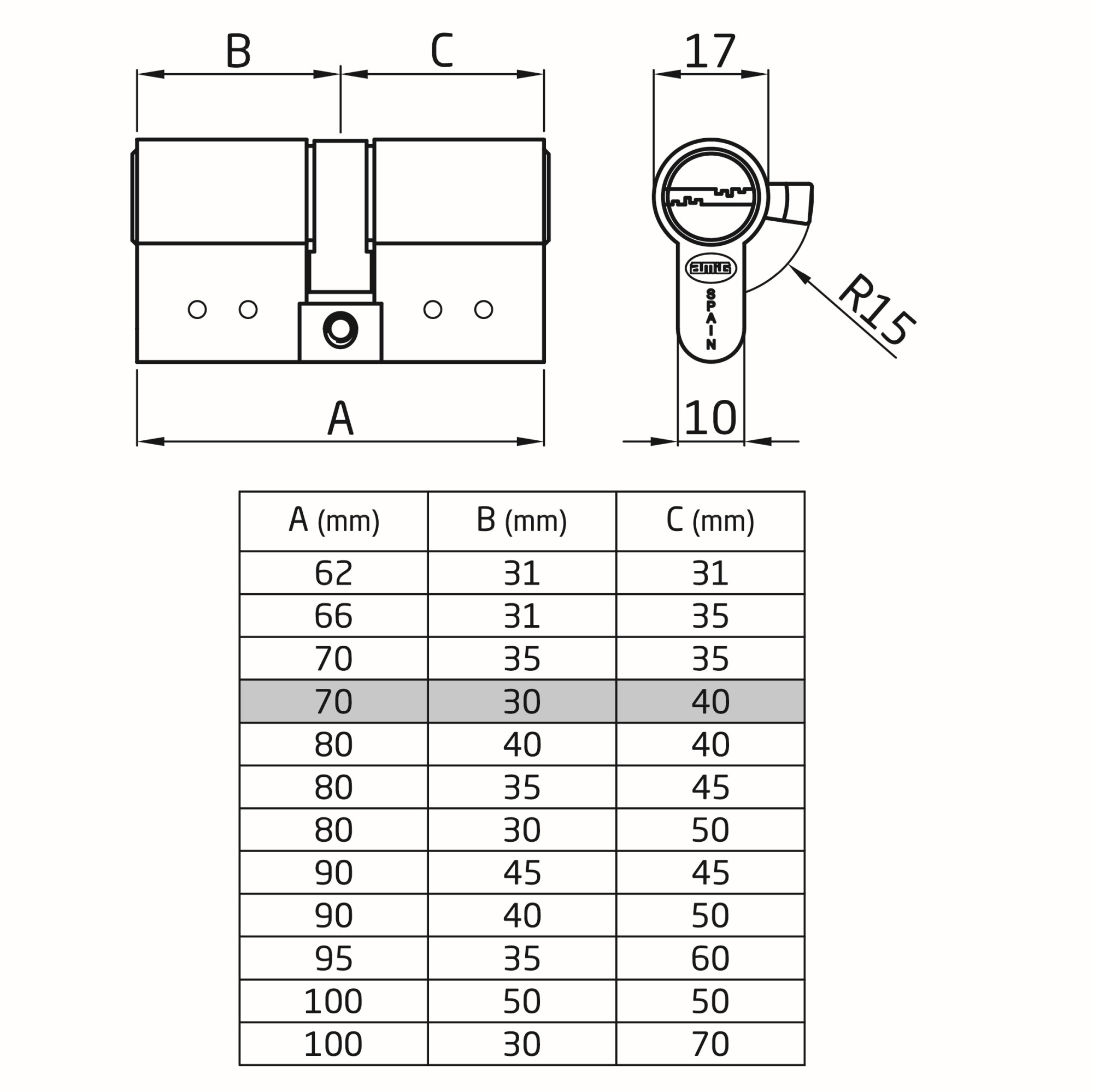 AMIG 21546 | Cilindro  10000 | 70 (30-40) | Latón | Cromado mate
