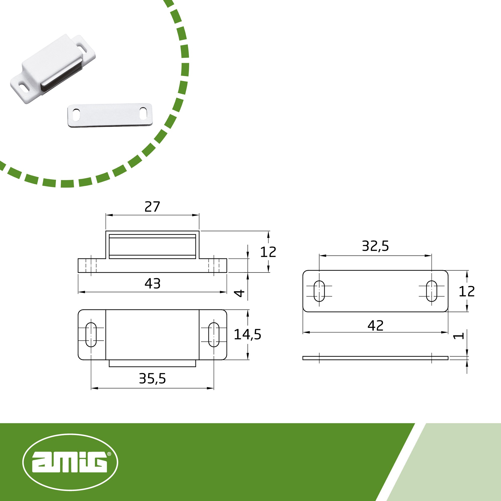 AMIG 766 | Golpete magnético  5 | 43 x 15 mm | Plástico | Blanco