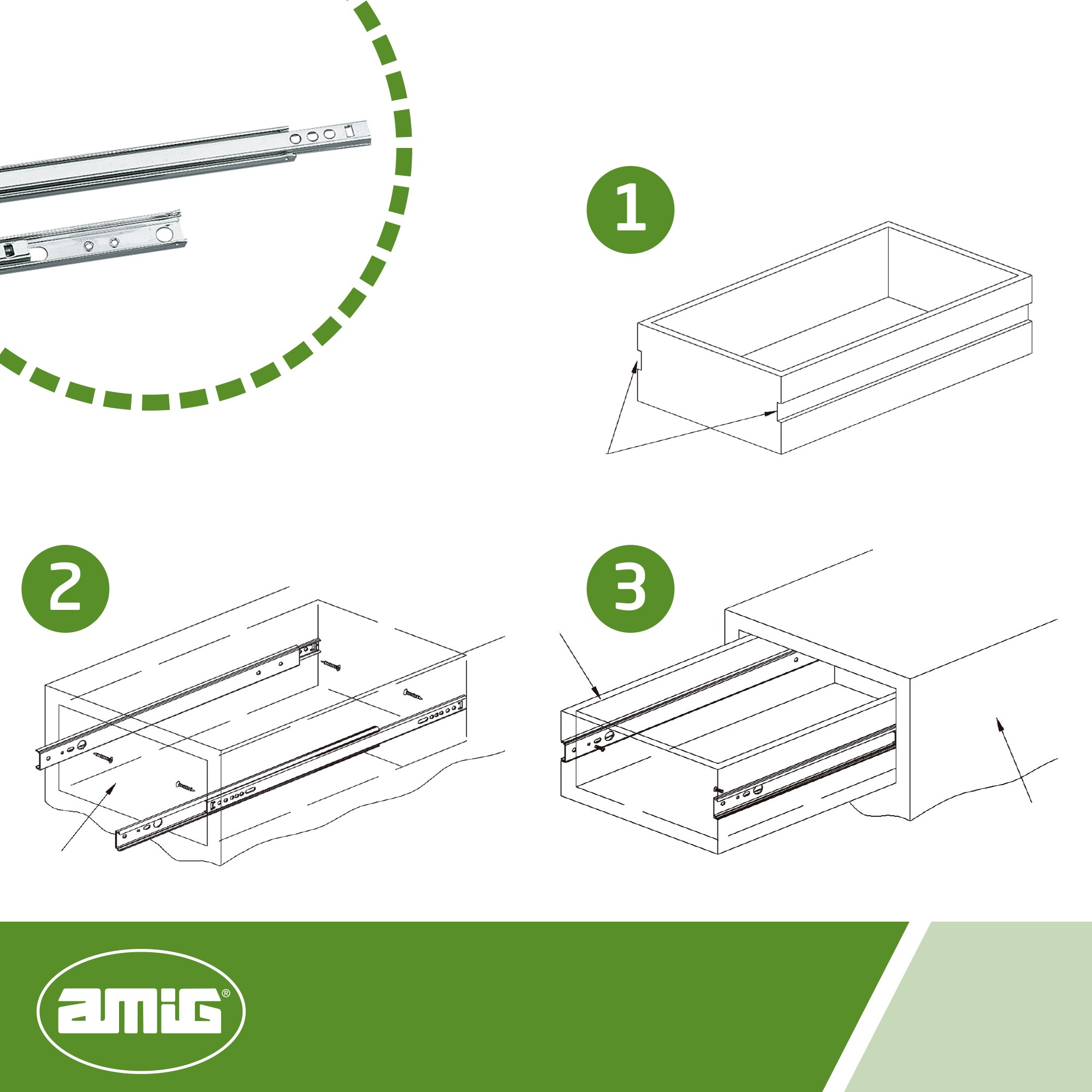 AMIG 6599 | Guía para cajón de bolas  25 | 310 x 17 mm | Acero | Galvanizado