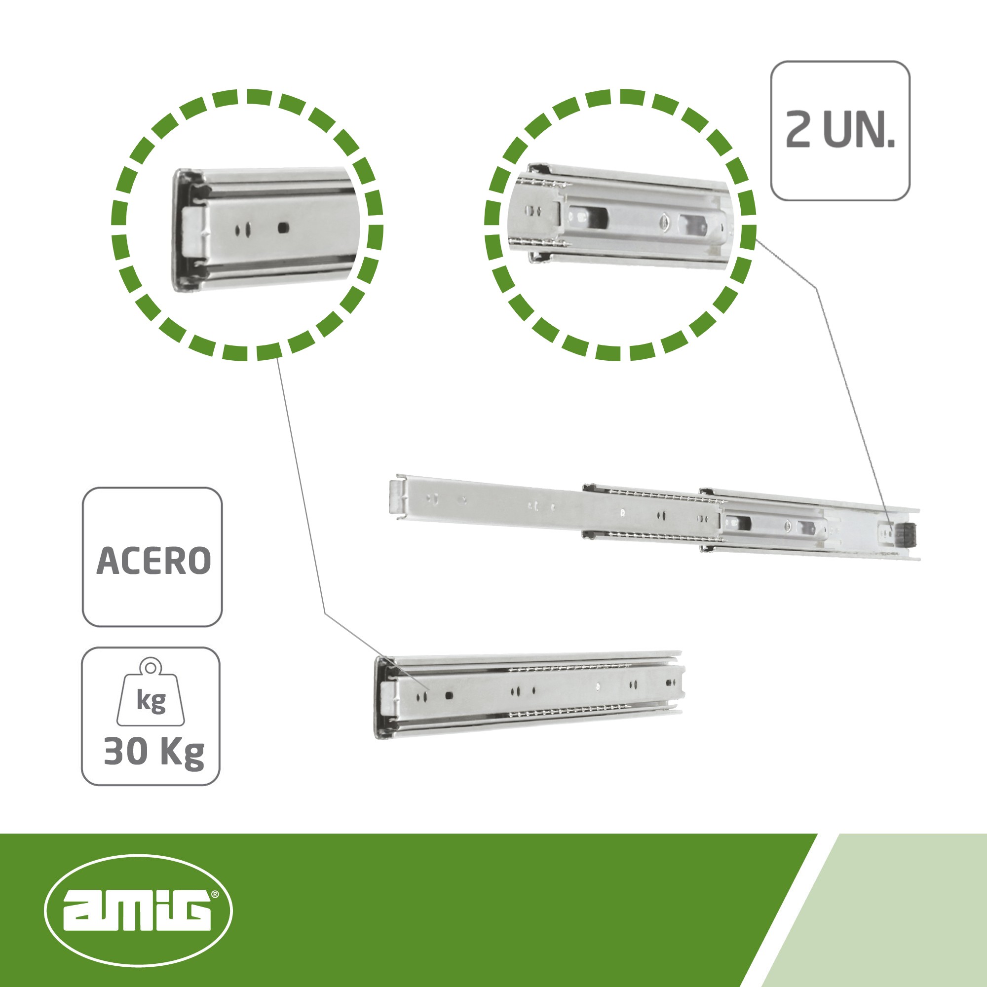 AMIG 10553 | Guía para cajón de bolas  35 | 500 x 45 mm | Acero | Zincado