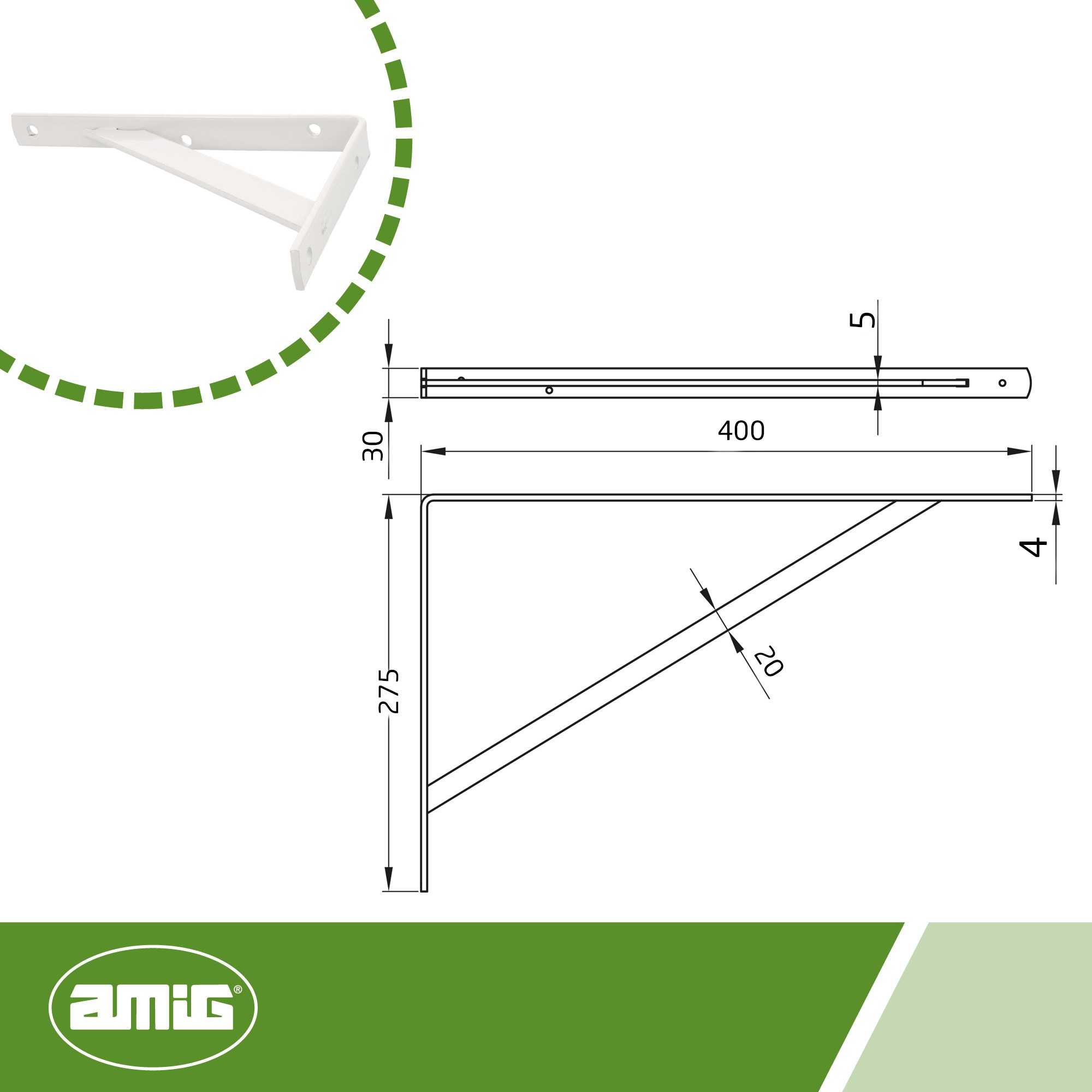AMIG 5775 | Palomilla reforzada  9 | 400 x 275 mm | Acero | Blanco