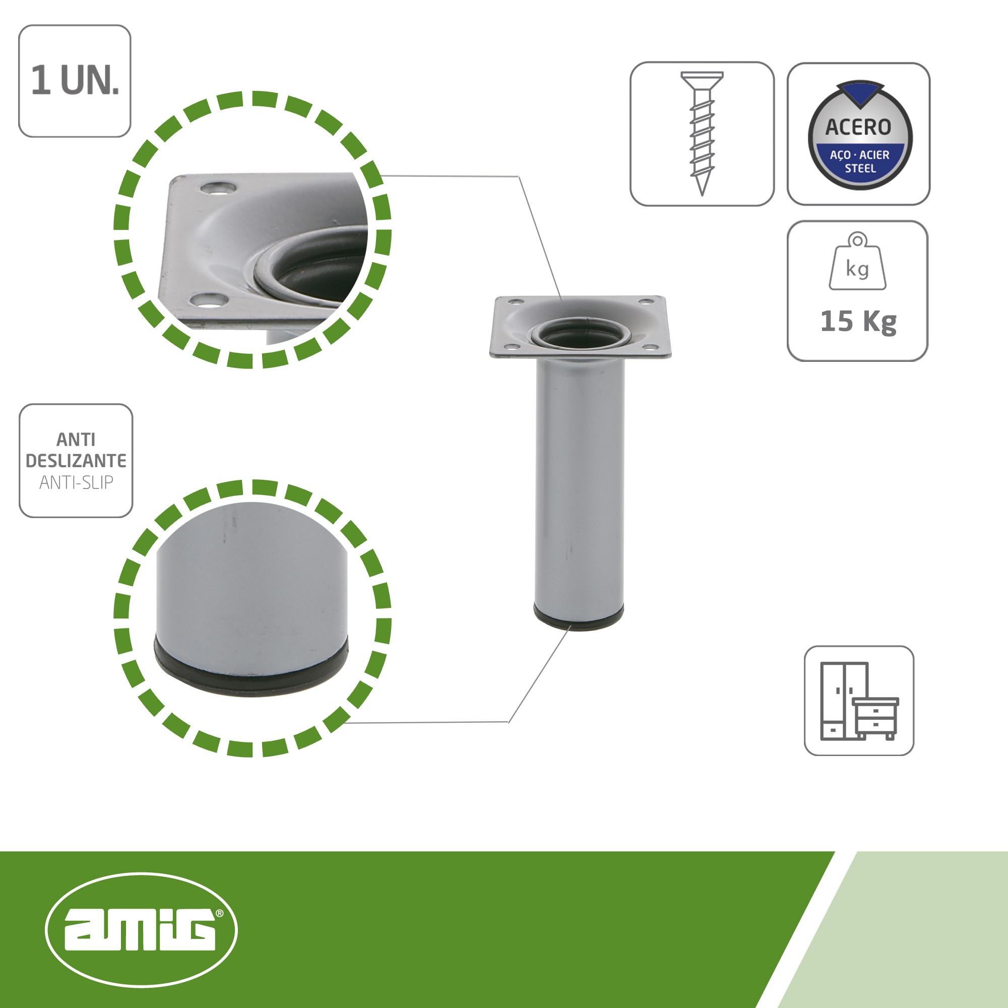AMIG 21746 | Pata de mesa  4 | Ø30 x 100 mm | Acero | Plata