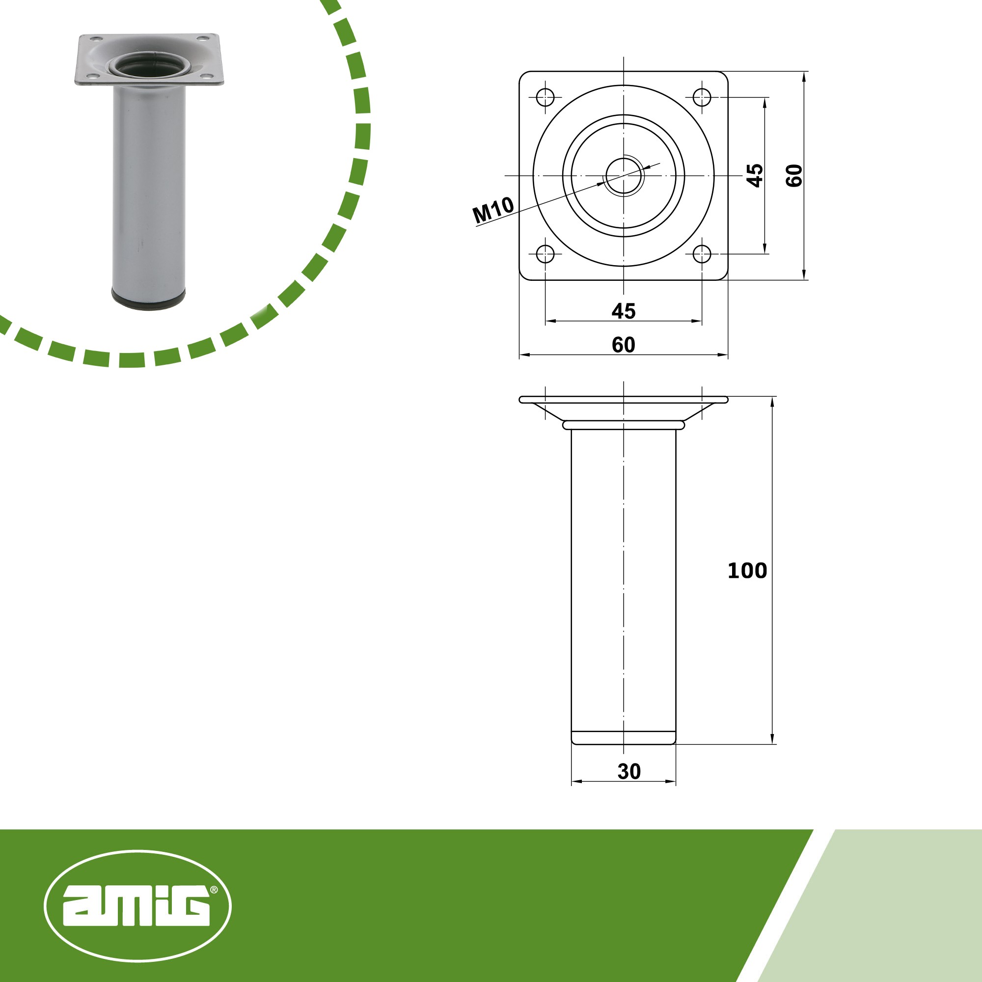AMIG 21746 | Pata de mesa  4 | Ø30 x 100 mm | Acero | Plata