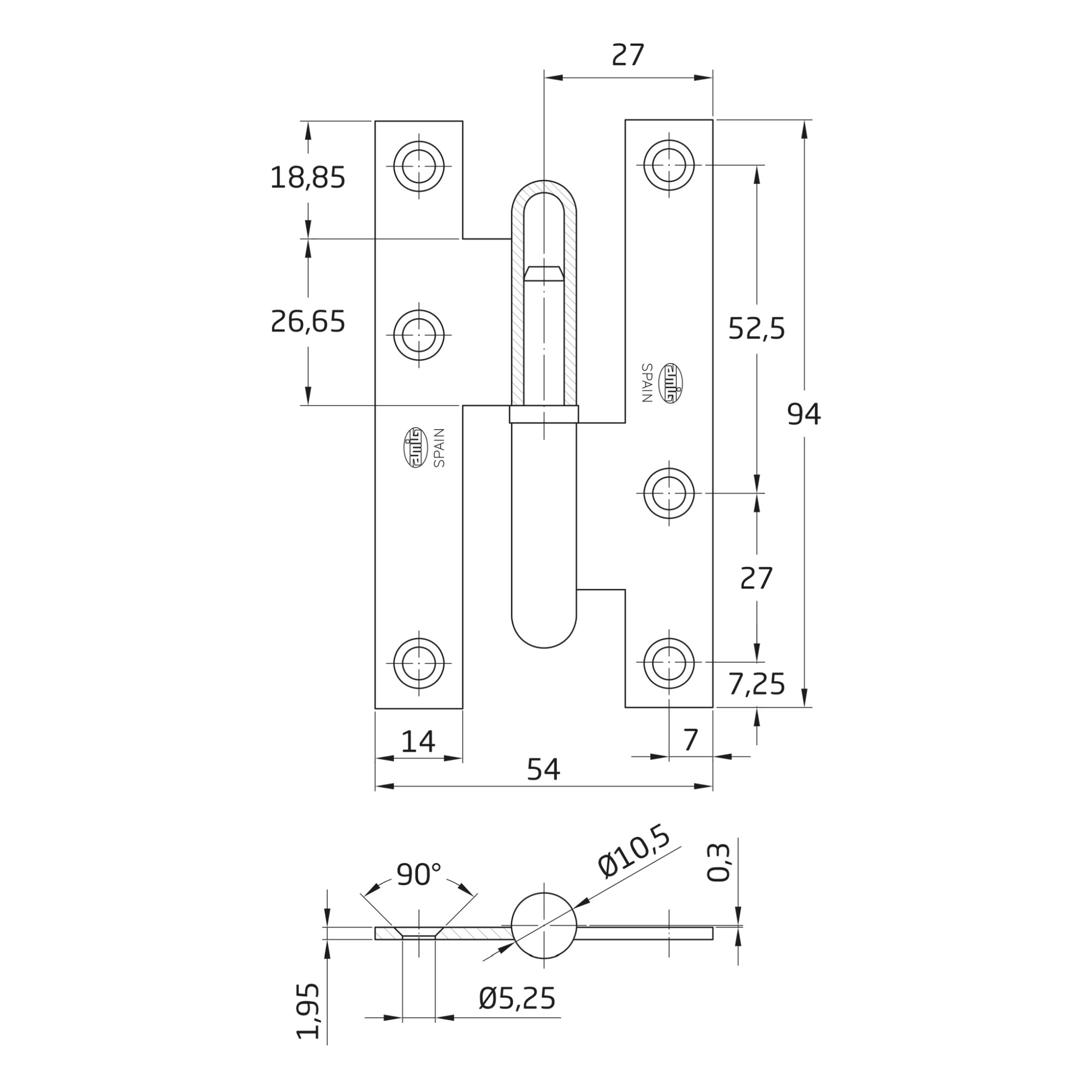 AMIG 2566 | Pernio  403 | 95 x 52 x 2 mm | Acero | Latonado barnizado - Derecha