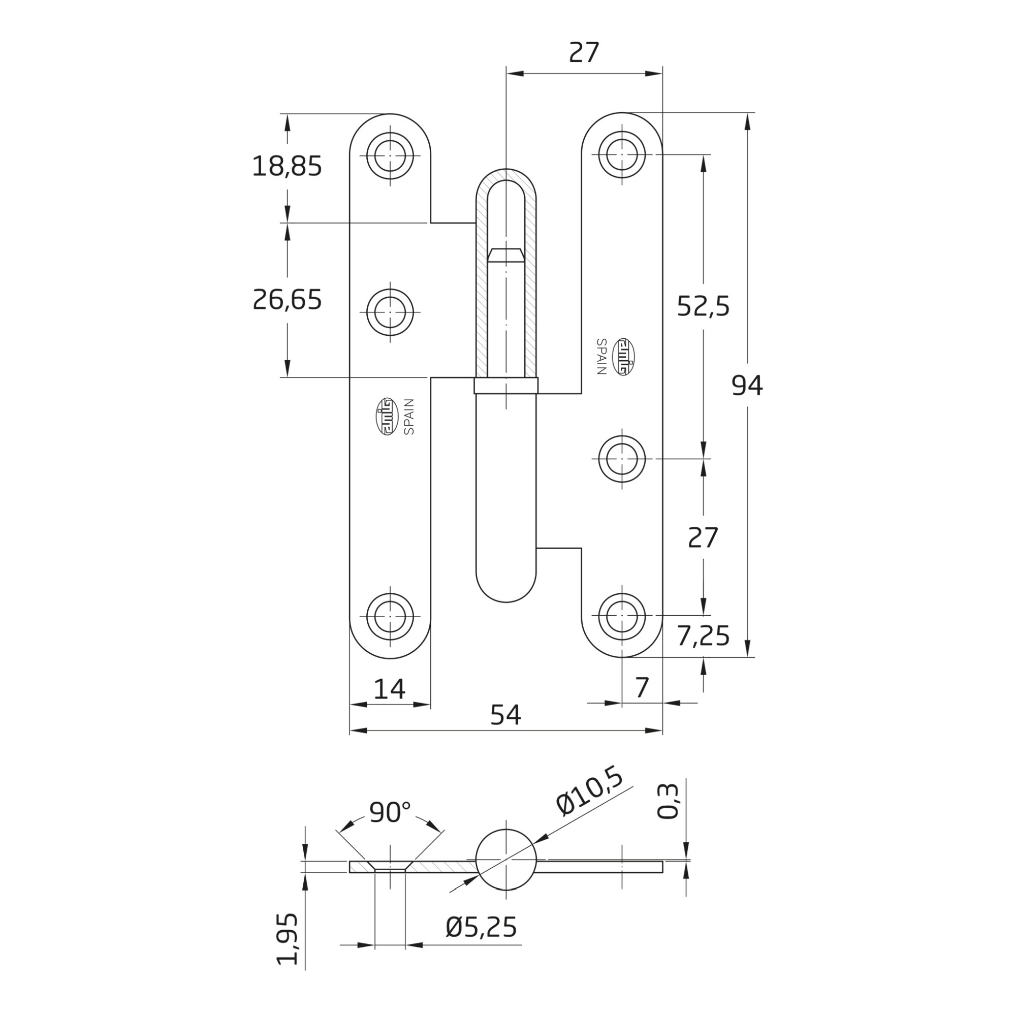 AMIG 2535 | Pernio perfil laminado  405 | 95 x 52 x 2,3 mm | Latón | Mate - Derecha