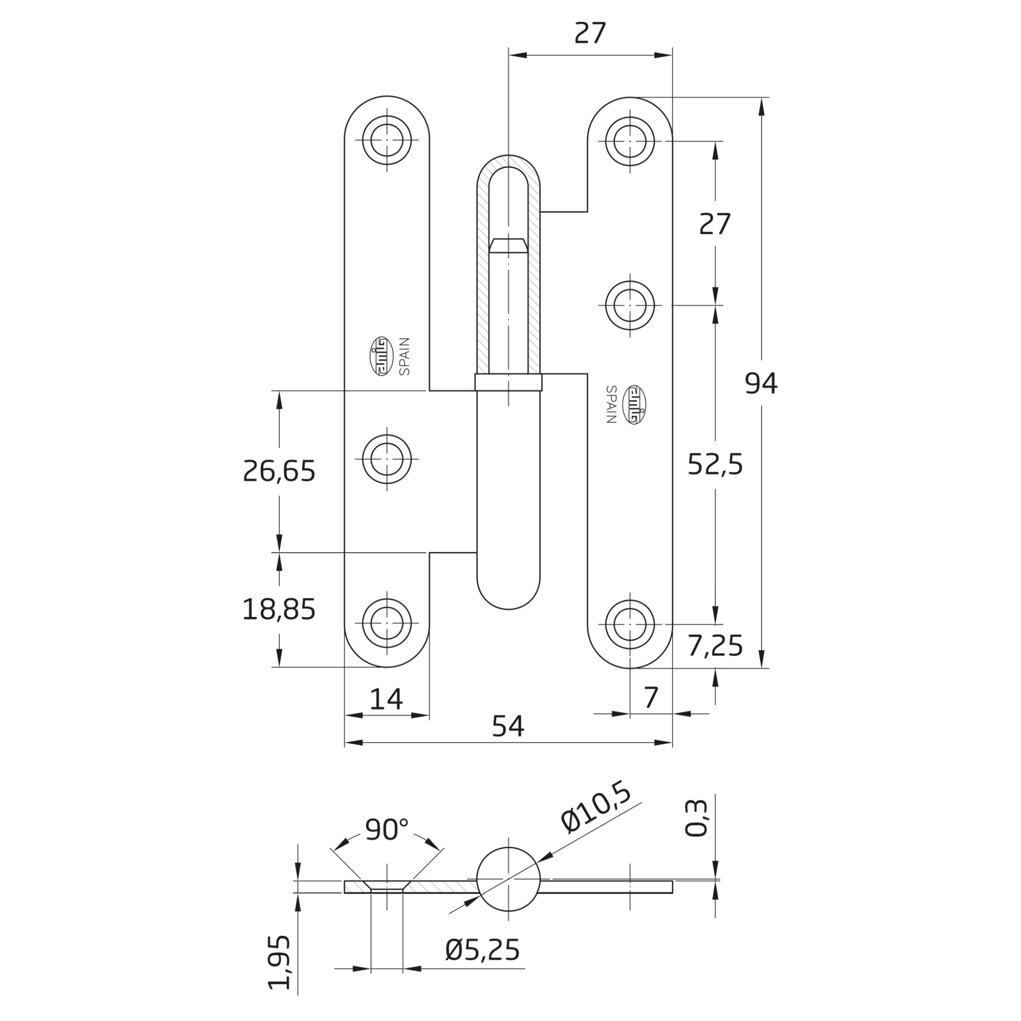 AMIG 2538 | Pernio  405 | 95 x 52 x 2 mm | Acero inoxidable 18/8 | Mate - Izquierda