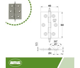 AMIG 7266 | Bisagra  1003 | 60 x 40 x 2 mm | Latón | Cromado mate
