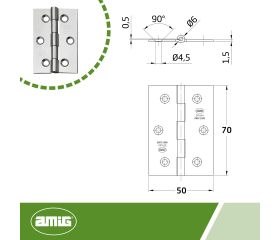 AMIG 8745 | Bisagra  2002 | 70 x 50 x 1,5 mm | Acero inoxidable 18/8 | Mate