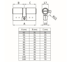 AMIG 21544 | Cilindro  10000 | 62 (31-31) | Latón | Cromado mate