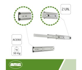 AMIG 10553 | Guía para cajón de bolas  35 | 500 x 45 mm | Acero | Zincado