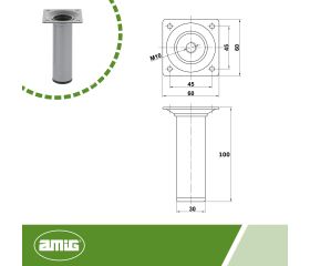 AMIG 21746 | Pata de mesa  4 | Ø30 x 100 mm | Acero | Plata