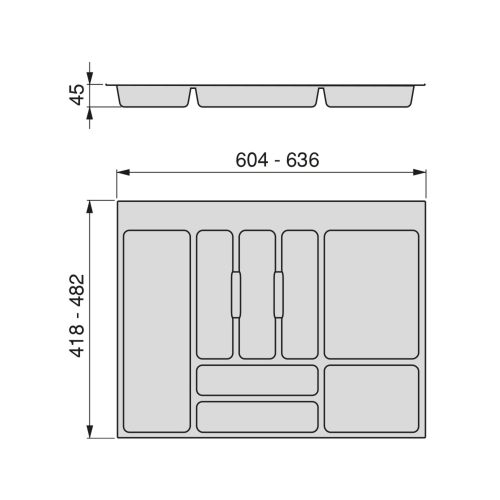 Emuca Cubertero Optima para cajón Universal, 700, Plástico gris, Plástico, 1 ud.
