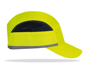 2088GPPAVYF Mod. “BUMPER PRO”. Gorra de protección anti golpes con rejillas de ventilación lateral.  Color Amarillo Alta Visibilidad con bandas reflectantes.